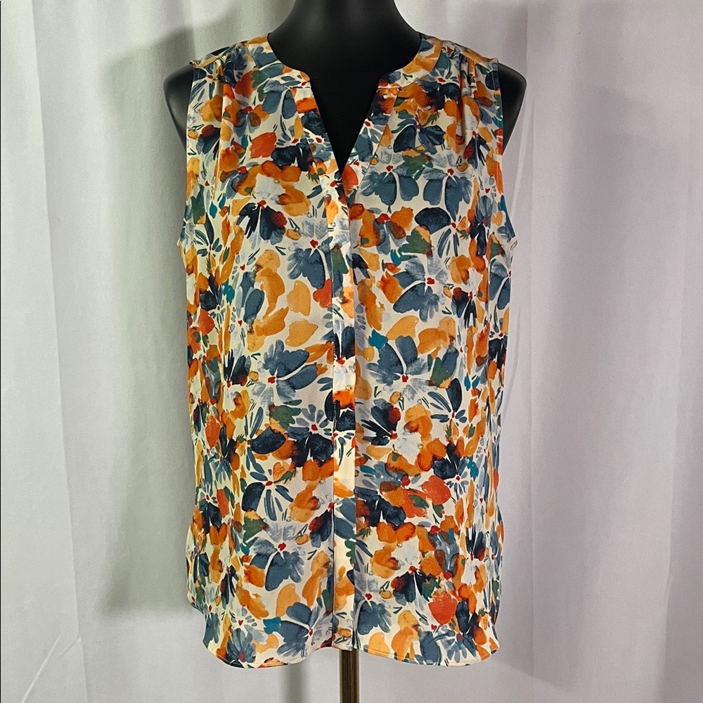 NYDJ Multicolor Floral Print Sleeveless Button Front V-Neck Blouse